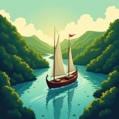 A serene illustration of a sailboat navigating a lush river surrounded by mountains, perfect for travel, adventure, and nature-themed projects.