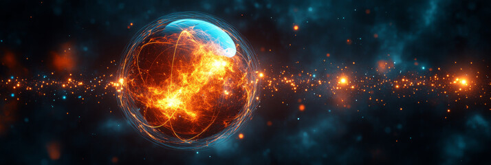 Fiery orb in a dark space with glowing particles.