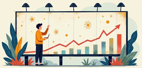 Wall Mural - A professional analyzing growth data on a large billboard, showcasing business success. Ideal for finance, marketing, or analytics themes.