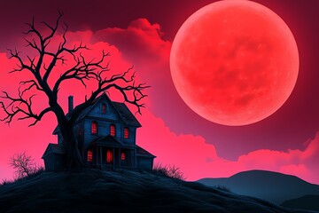 A decrepit haunted house standing alone on a hill, illuminated by the eerie red light of a crimson moon, in a haunted house fantasy artwork illustration