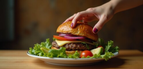 A hand reaches for a delicious, freshly prepared hamburger on a plate, showcasing vibrant ingredients. Perfect for food, restaurant, or culinary use.