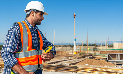 male engineer wearing a hard hat. Real estate and building planner