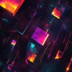 Sticker - A vibrant, abstract design featuring glowing cubes in shades of purple and orange against a dark background, creating a sense of depth and digital aesthetics.