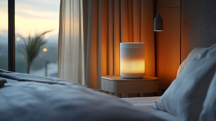 A white bedside lamp with warm light illuminating a bedroom with a blurred view of a city skyline in the background.