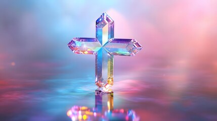 Wall Mural - 6. A shimmering crystal cross, refracting light into a rainbow of colors, isolated in a soft glow