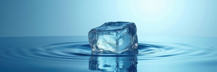 A single ice cube floats on tranquil water, creating gentle ripples, symbolizing purity, freshness, and cooling relief.