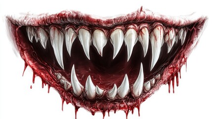 Ferocious mouth with sharp teeth, dripping blood, white isolate background.