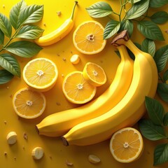 Wall Mural - Vibrant arrangement of bananas and lemons on a bright yellow background, perfect for food-related projects, marketing, or healthy lifestyle themes.