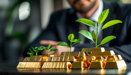 Investment in Sustainability: A Businessman Nurtures Growth from Gold Bars and Green Plant