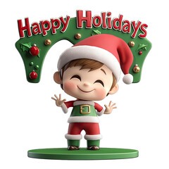 Wall Mural - 3d Character Wearing Elf Hat and Happy Holidays! Text on Arch Above Him. Isolated on a Transparent Background. Cutout PNG.