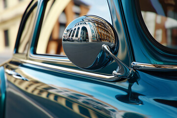 vintage teal car with chrome mirror reflection of buildings