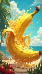 Wall Mural - A vibrant, playful depiction of a banana splashing in juice, perfect for food and beverage marketing or healthy lifestyle promotions.