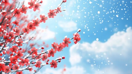 Wall Mural - A breathtaking depiction of plum blossoms in full bloom, showcasing vibrant red petals against a serene snow background. The scene is complemented by a clear blue sky and fluffy white clouds