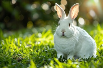 A white domestic rabbit with long ears sitting on lush green grass in soft natural light during the day