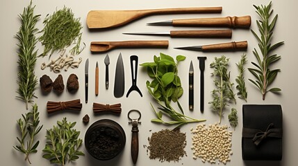 Poster - Fresh organic Mediterranean herbs and spices elements, sage, rosemary twig and leaves, thyme, oregano, basil, green and black pepper 