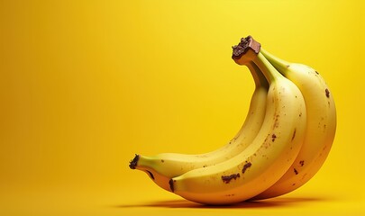 Wall Mural - A vibrant image of three ripe bananas against a bright yellow background, perfect for food-related projects, nutrition, or healthy eating themes.