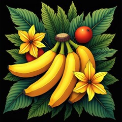 Wall Mural - Vibrant illustration of bananas, tropical flowers, and leaves, perfect for food-related projects, packaging, and marketing materials.