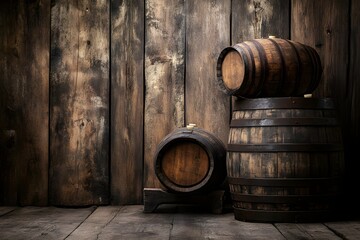 Wooden wine or cognac oak barrel in cool cellar in distillery house. Craft beer or brandy production. Winery and winemaking. Wine aging process. Background for banner, poster with copy space