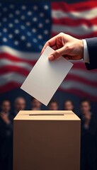 Wall Mural - A hand casts a ballot into a box with an American flag backdrop, symbolizing democracy, civic duty, and the electoral process.