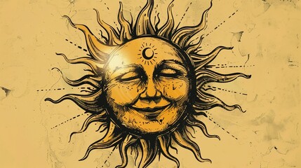 Wall Mural - Esoteric Vintage Illustration Featuring a Joyful Smiling Sun