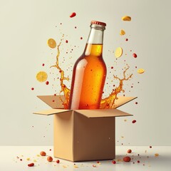 A dynamic bottle of beverage bursting from a cardboard box, symbolizing freshness and excitement. Perfect for marketing and advertising in the beverage industry.