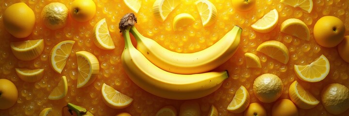 A vibrant arrangement of bananas and lemons set against a bright yellow backdrop, perfect for fresh produce marketing, healthy lifestyle promotions, and culinary projects.