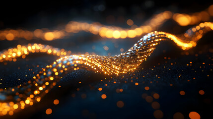 Wall Mural - abstract glowing golden waves with bokeh effects on a dark background.