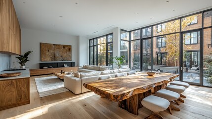 Poster - Modern Living Room With Wooden Table and Large Windows