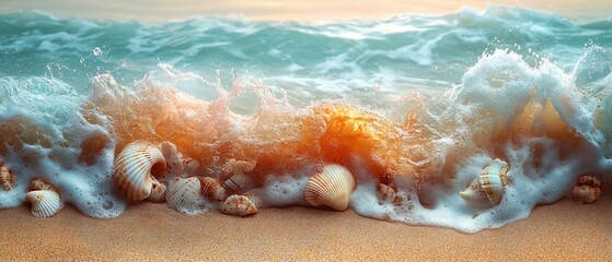 Seashells on a sandy beach with a wave breaking in the background.