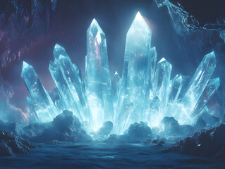 Wall Mural - A stunning formation of crystal formations illuminated by soft light, set against a mystical, dark background.