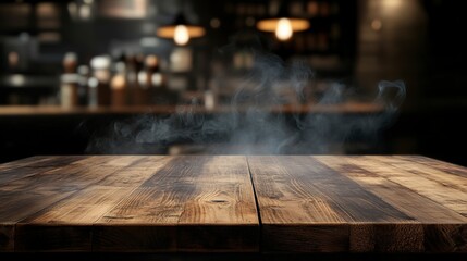 Canvas Print - empty wooden table with smoke float up on dark background Dark wood texture background surface with old natural pattern wood table on blur of cafe coffee shop bar background 