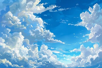 Wall Mural - Bright white clouds drift through a vibrant blue summer sky, creating a serene outdoor atmosphere perfect for relaxation