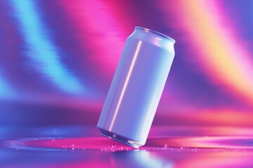 Floating white soda can mockup against a vivid neon abstract background with blurred colors and glowing lights at twilight