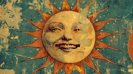 Wall Mural - Vintage Esoteric Illustration of a Smiling Sun