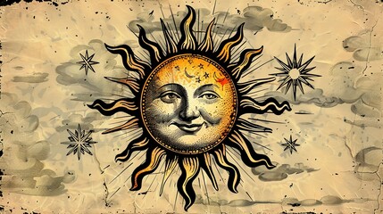 Wall Mural - Esoteric Smiling Sun: A Vintage Artistic Illustration