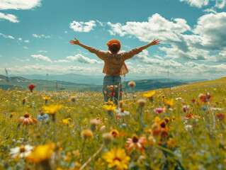 Wall Mural - A woman stands in a field of flowers, arms outstretched, with a bright blue sky in the background. Concept of freedom and joy, as the woman is embracing the beauty of nature