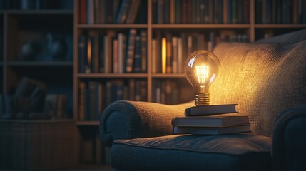 A light bulb in a cozy living room setting, casting a soft glow over a comfortable armchair and a stack of books.