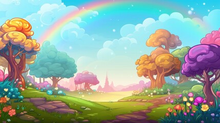 A whimsical, vibrant forest with a rainbow in the sky