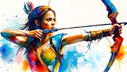 Dynamic watercolor illustration of a female archer in motion, vibrant splashes of color enhancing the energy on a clean white backdrop.