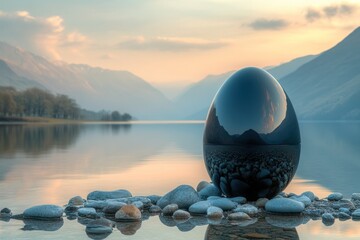 A large black egg sits on a rocky shore of a lake, reflecting the surrounding mountain scenery and the sunset sky.