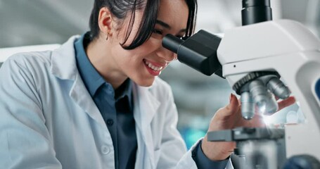 Wall Mural - Woman, scientist and microscope with analysis in lab with smile at pharmaceutical company. Person, happy and research with equipment, lens and development with medicine, drugs or vaccine for virus