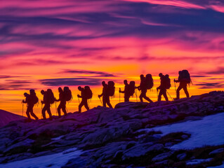 A group of people are hiking up a mountain, with the sun setting in the background. The sky is filled with clouds, creating a moody atmosphere. The hikers are carrying backpacks