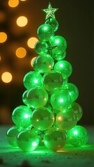 Wall Mural - garland made from lot of glass transparent balls, inside the balls there are neon green glowing lights, shape Christmas tree without wood, festive blurred golden background