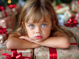 Wall Mural - A young girl is sitting on a pile of presents, looking sad. The scene is set during the holiday season, with a Christmas tree visible in the background