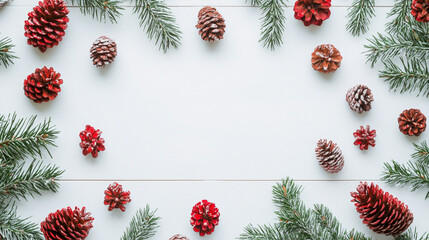 Festive Holiday Background with Pine Cones and Evergreen Branches. Flat lay image of red pine cones and evergreen branches on a white background, creating a festive and natural holiday theme