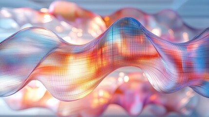 Wall Mural - A closeup of an abstract glass curved shape with colorful lines, set against a light blue background. 