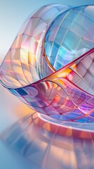 Wall Mural - A closeup of an abstract glass curved shape with colorful lines, set against a light blue background. 