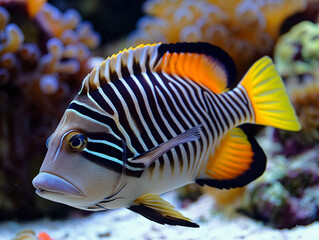 Wall Mural - A fish with a black and yellow stripe on its body is swimming in a tank. The fish is surrounded by coral and other sea creatures