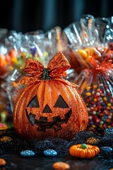 Festive Halloween table decorated with a sparkly pumpkin, favor bags, and an array of candies.