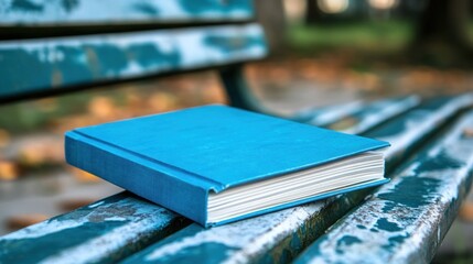 A blue book resting on a park bench surrounded by autumn leaves.